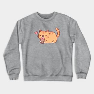 Cute Chubby Orange Tabby Cat Loves Boba Tea Crewneck Sweatshirt